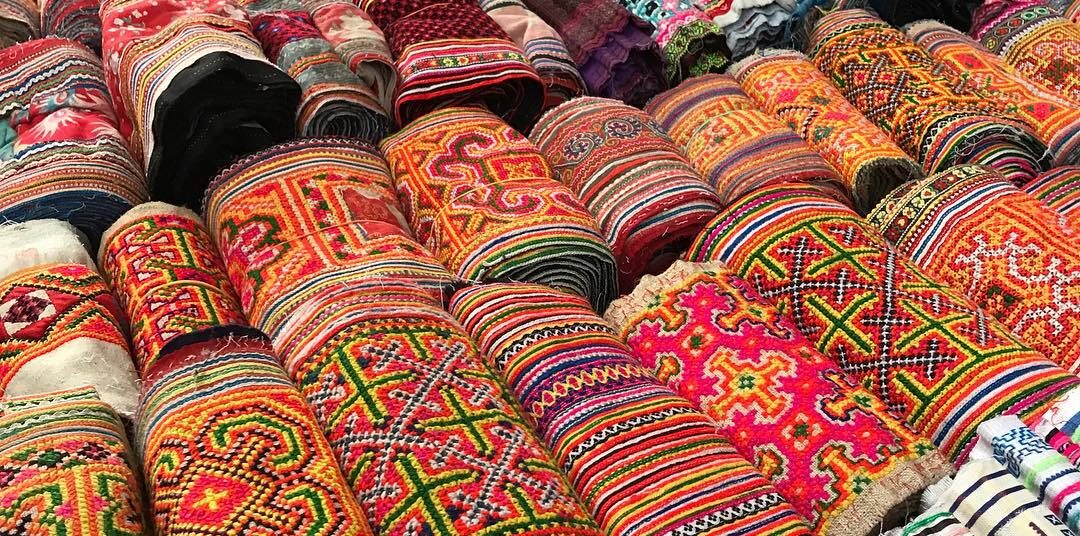 Geometric Hmong embroidery in very bright colors