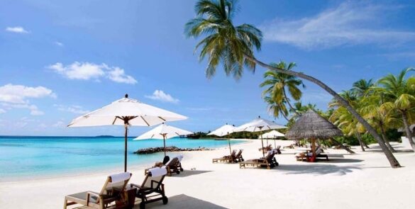 Tourists relaxing on the sandy beaches of Nha Trang with clear blue skies and calm sea waters.