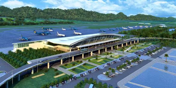 Phu Quoc International Airport with its modern terminal set against the backdrop of a tropical island.